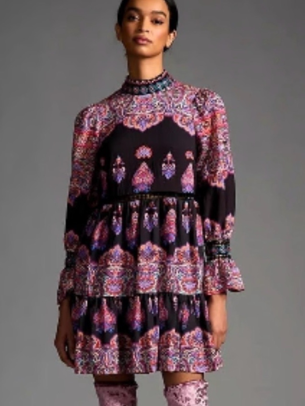 NEW Anthropologie Beaded Mock Neck Paisley Tiered Dress Size 12 Boho